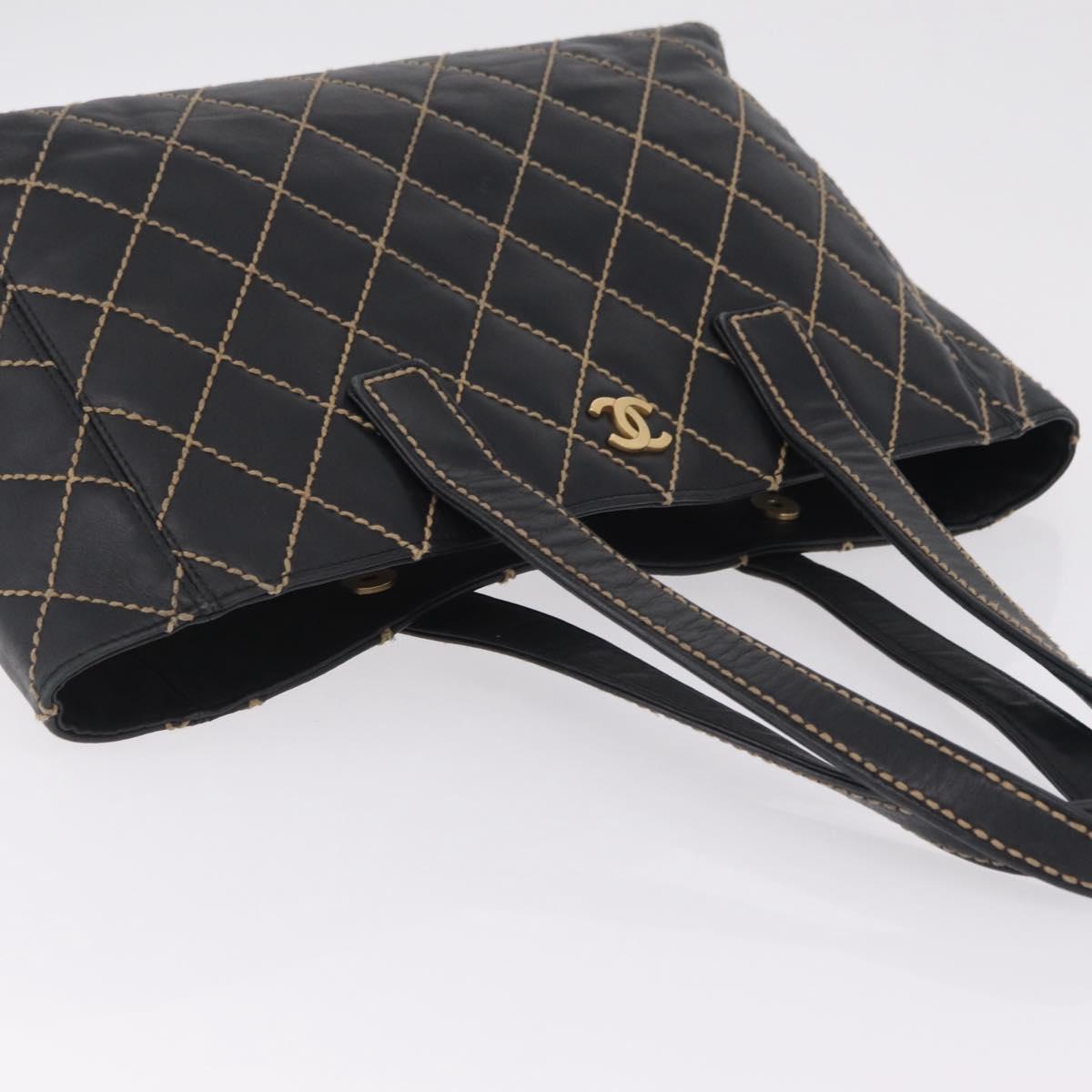 CHANEL Matelasse Wild Stitch Tote Bag Leather Black Gold CC Auth 209454A