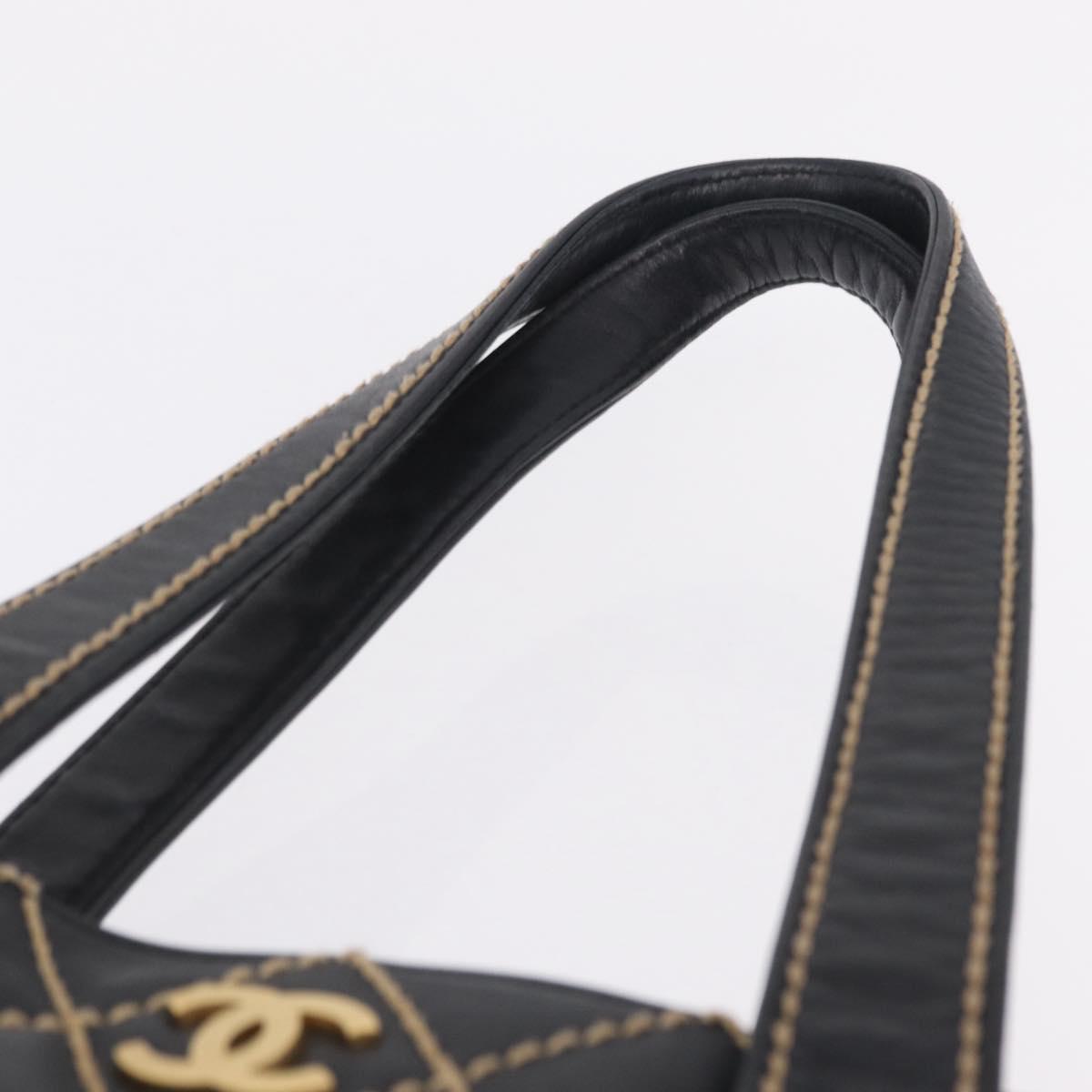 CHANEL Matelasse Wild Stitch Tote Bag Leather Black Gold CC Auth 209454A