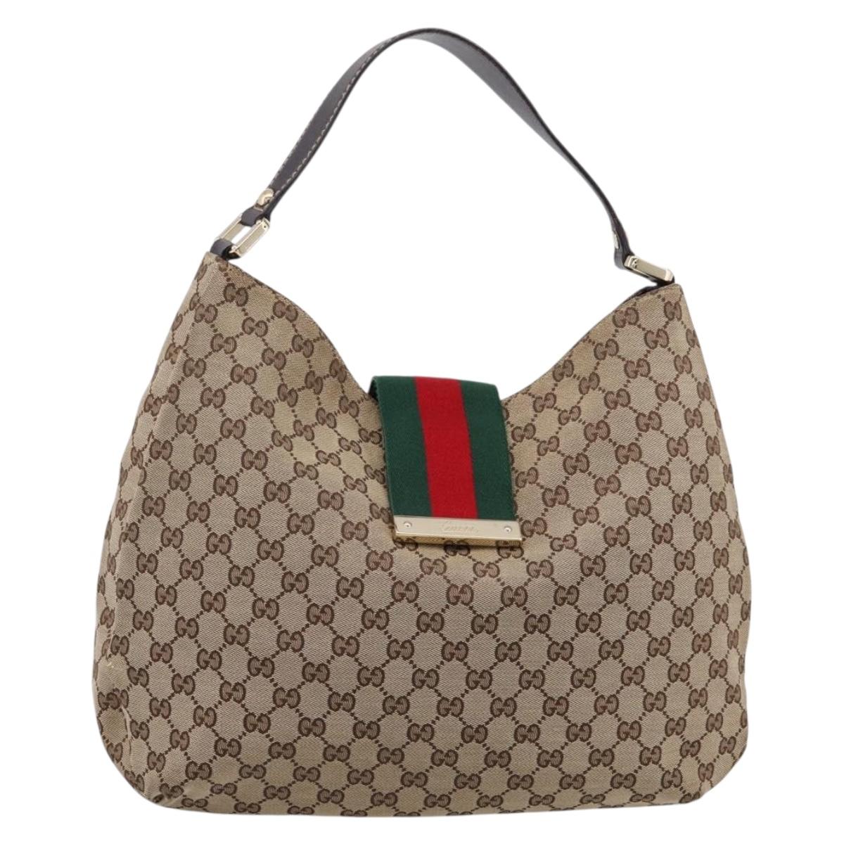 GUCCI GG Canvas Web Sherry Line Shoulder Bag Beige Gold 211933 Auth 209455V