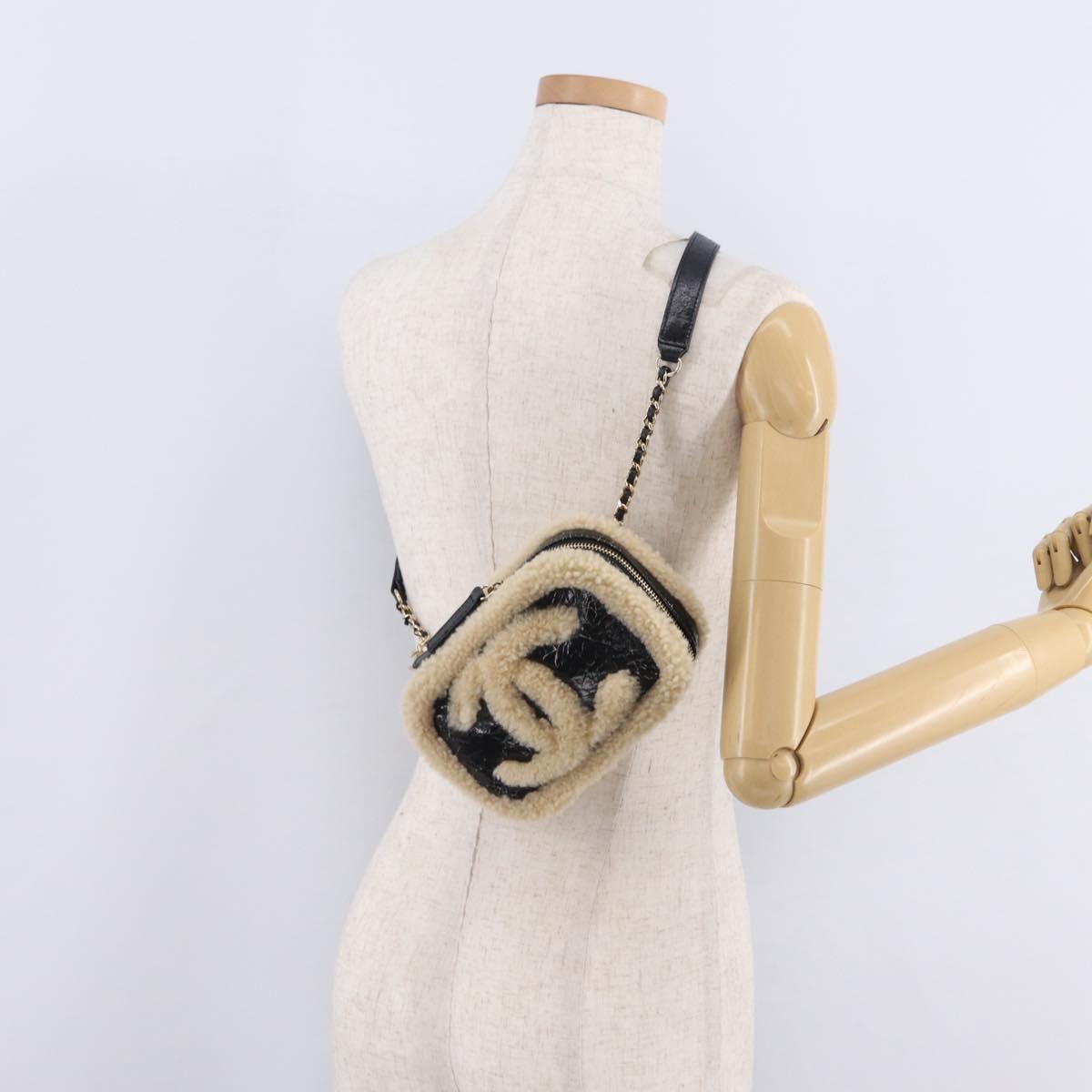 CHANEL Chain Shoulder Bag Fabric Boa Black Gold CC Auth 209467V