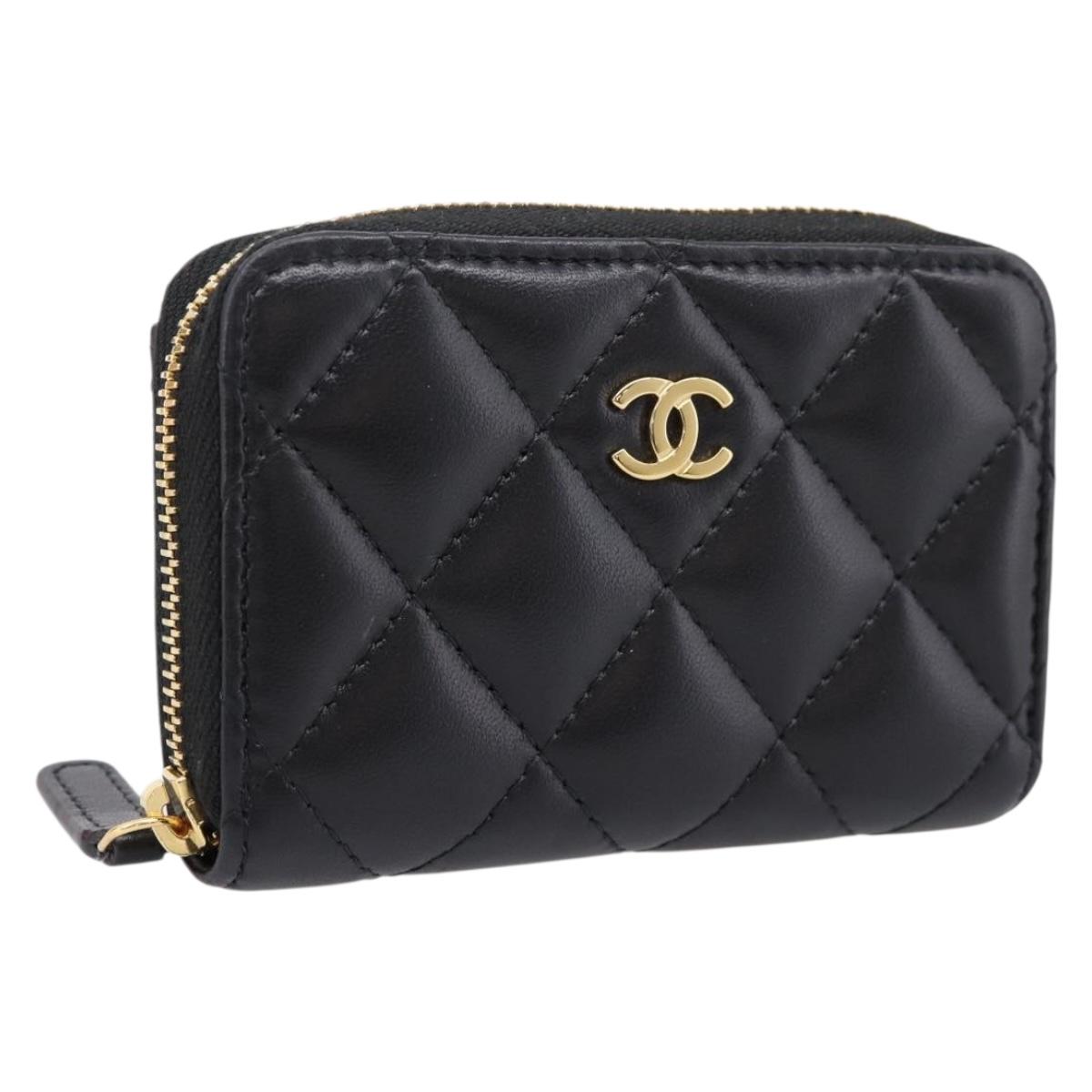CHANEL Matelasse Card Case Lamb Skin Black Gold CC Auth 209470SAM