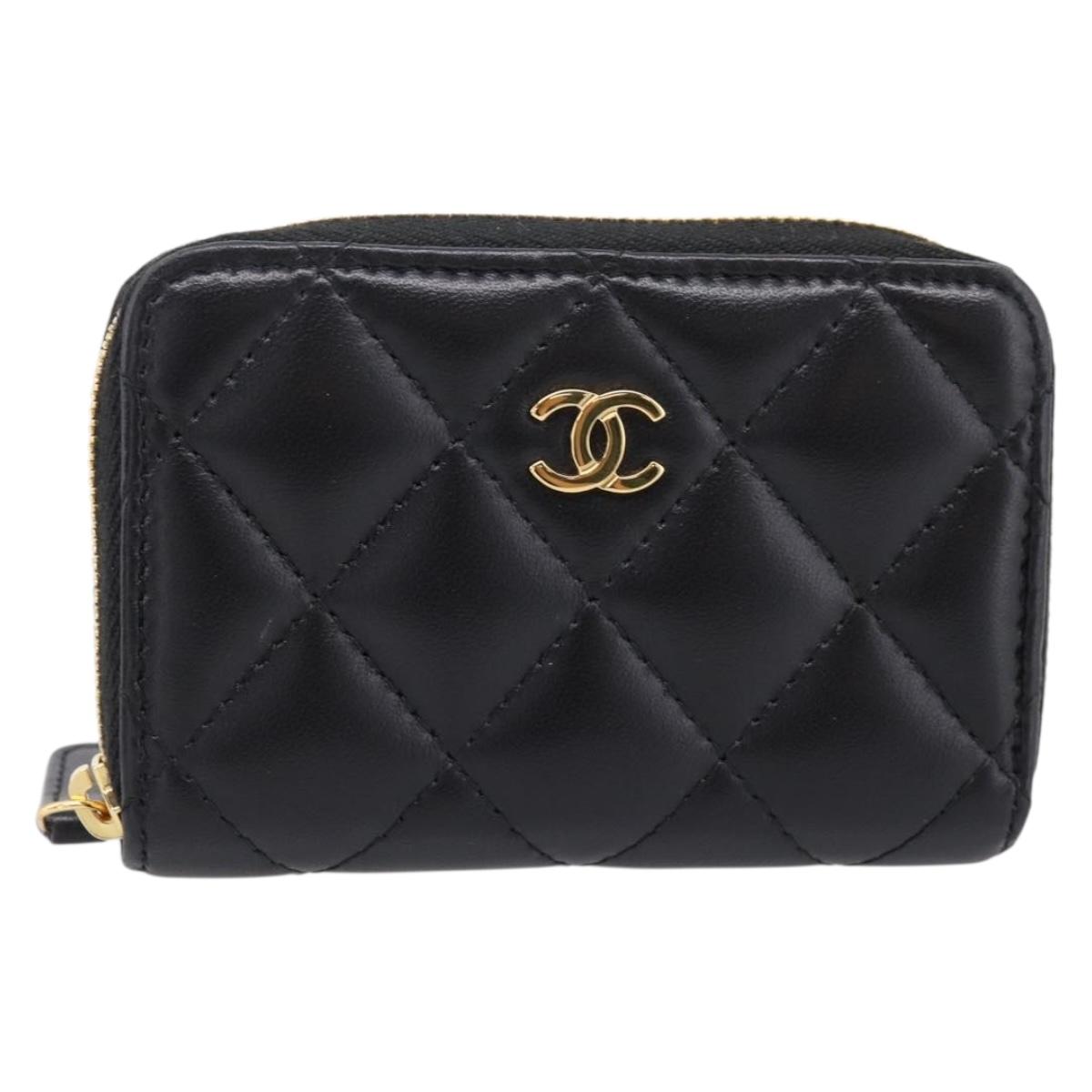 CHANEL Matelasse Card Case Lamb Skin Black Gold CC Auth 209470SAM