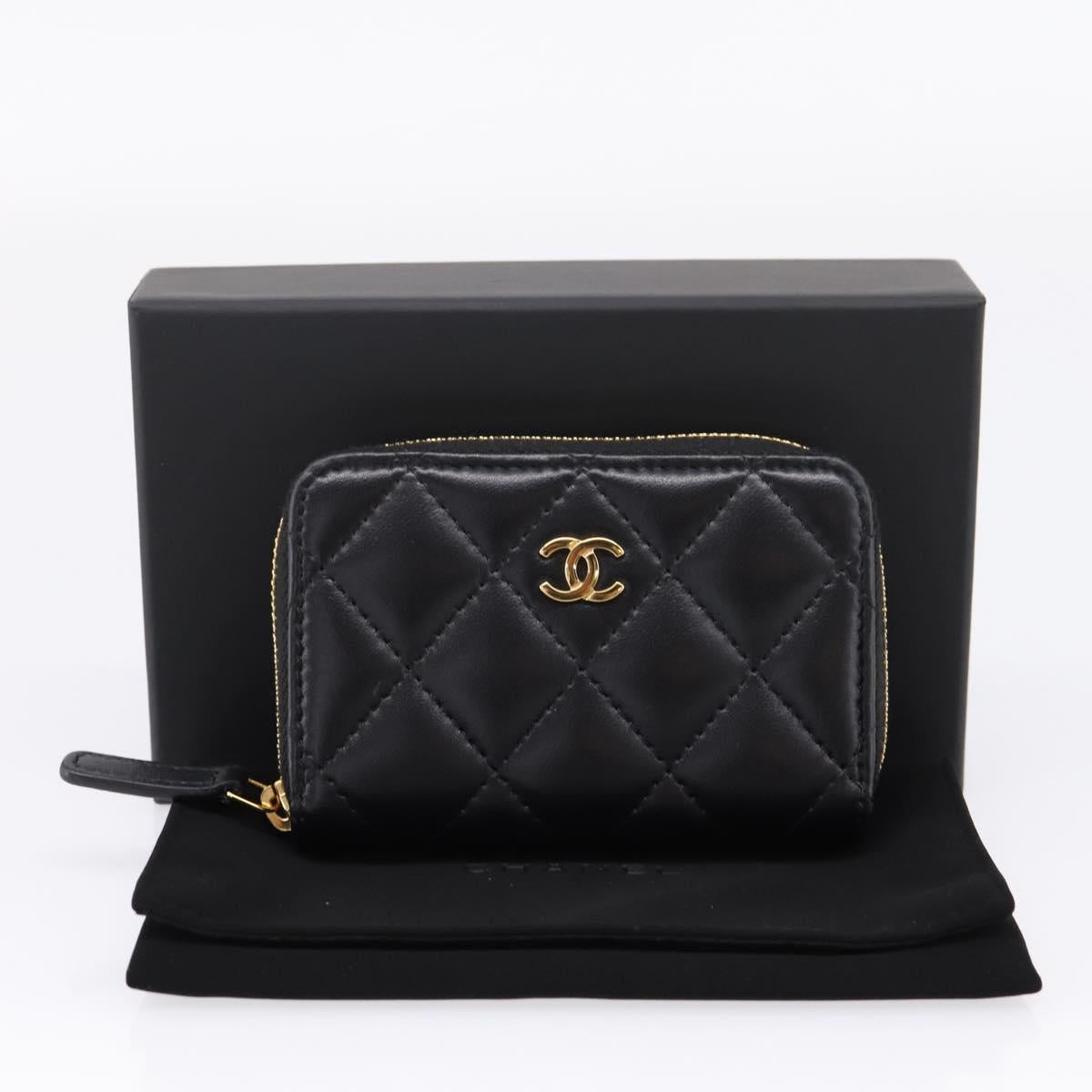 CHANEL Matelasse Card Case Lamb Skin Black Gold CC Auth 209470SAM