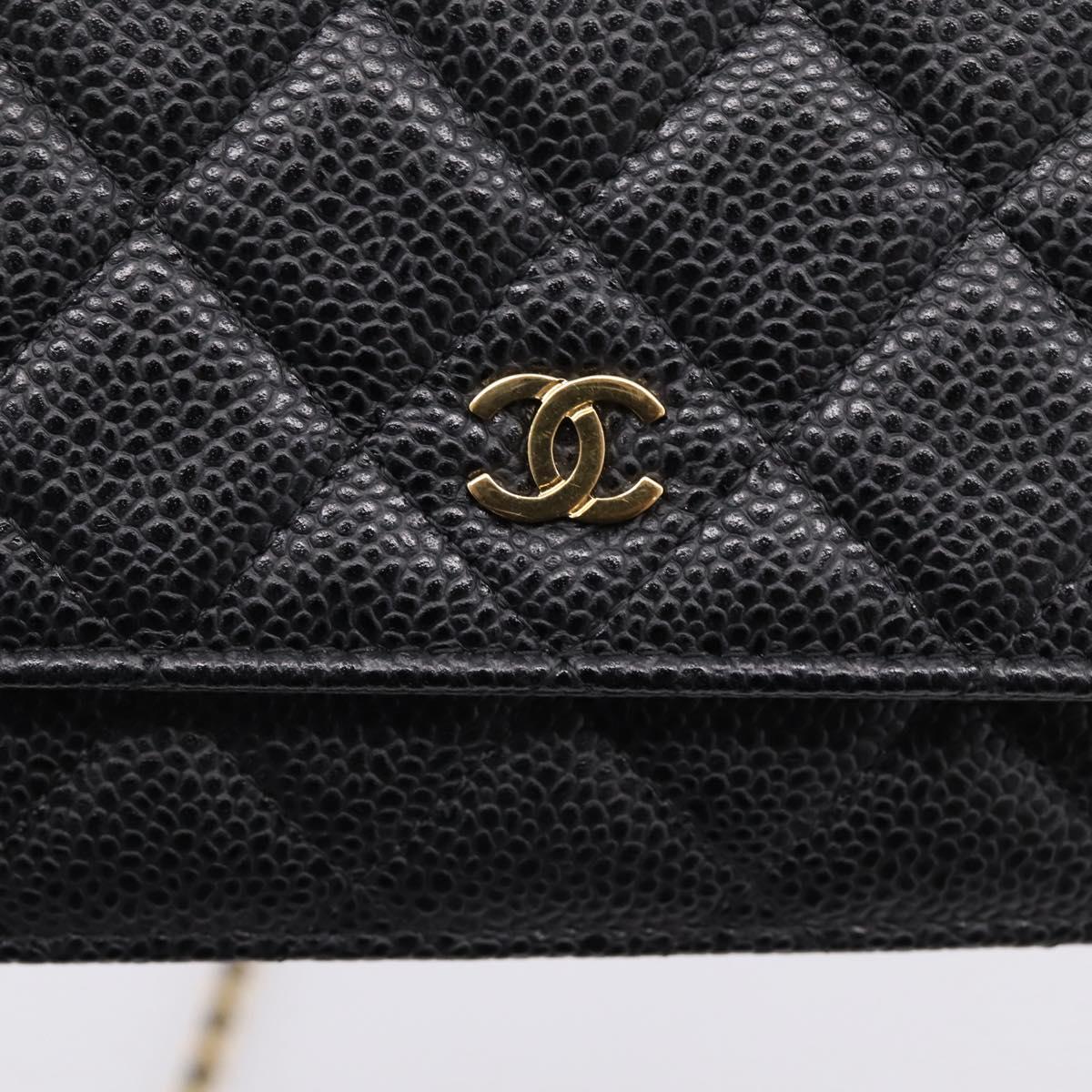 CHANEL Matelasse ChainShoulder Wallet Caviar Skin Black Gold CC Auth 209471SAM