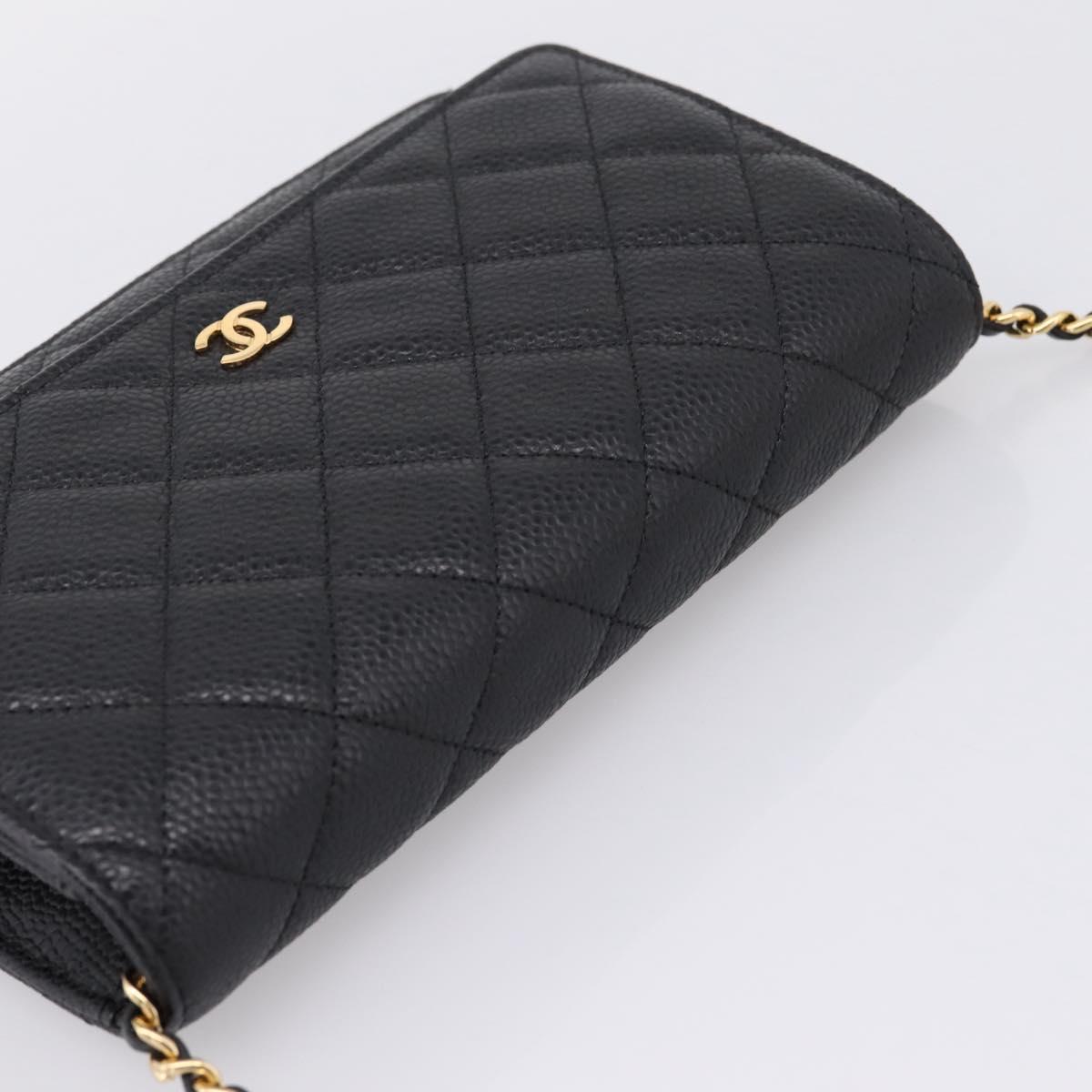 CHANEL Matelasse ChainShoulder Wallet Caviar Skin Black Gold CC Auth 209471SAM