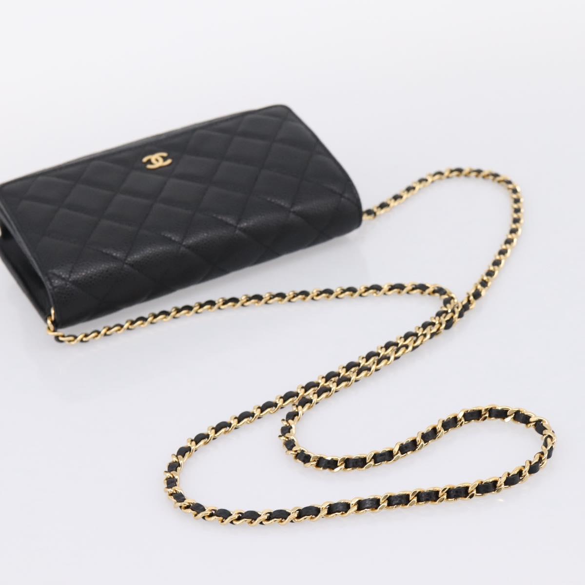 CHANEL Matelasse ChainShoulder Wallet Caviar Skin Black Gold CC Auth 209471SAM