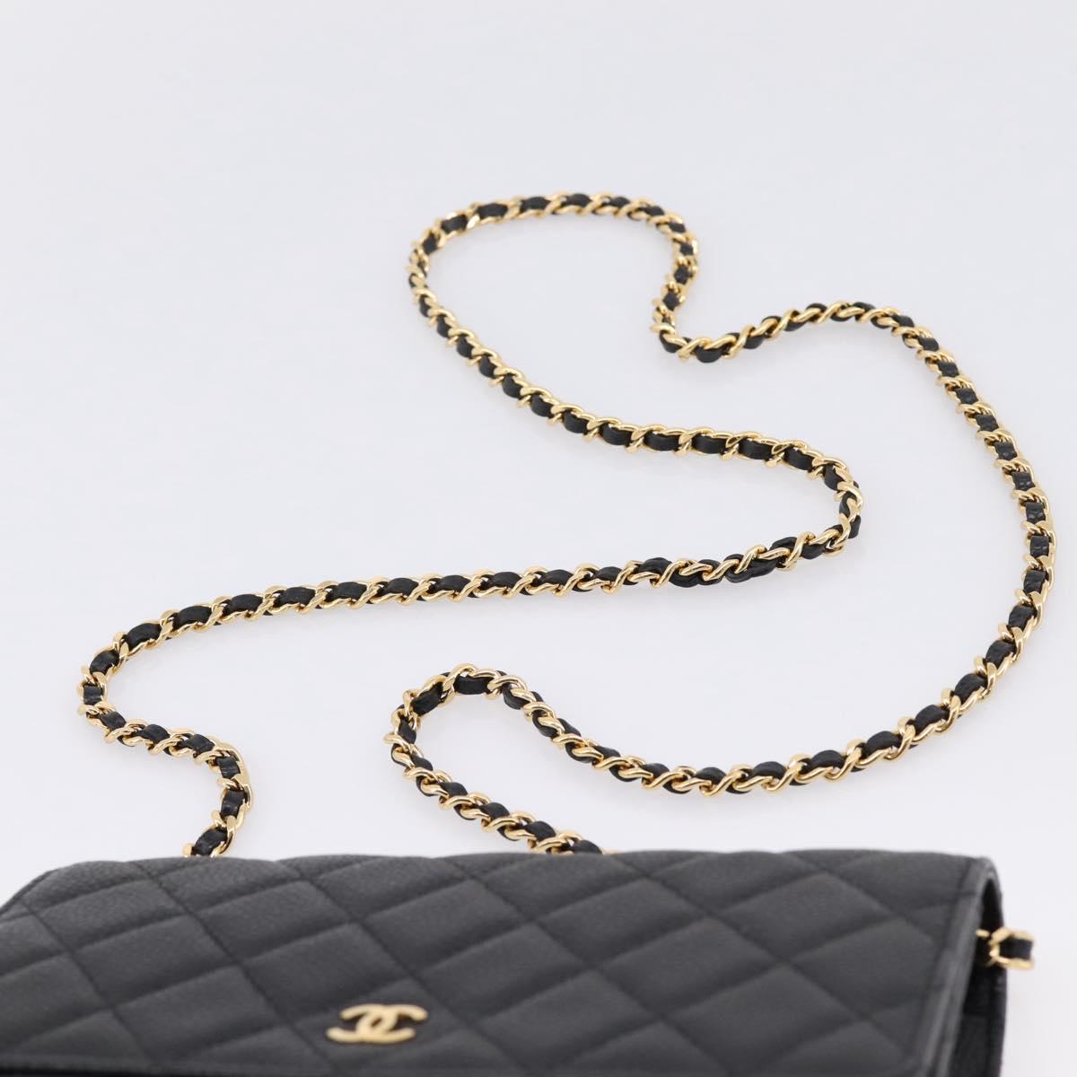 CHANEL Matelasse ChainShoulder Wallet Caviar Skin Black Gold CC Auth 209471SAM