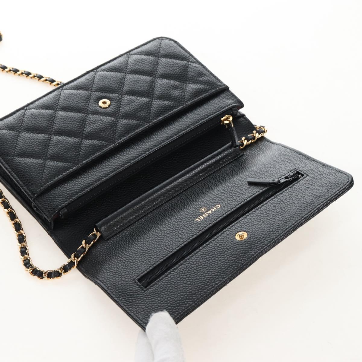 CHANEL Matelasse Chain Shoulder Wallet Caviar Skin Black Gold CC Auth 209472SAM