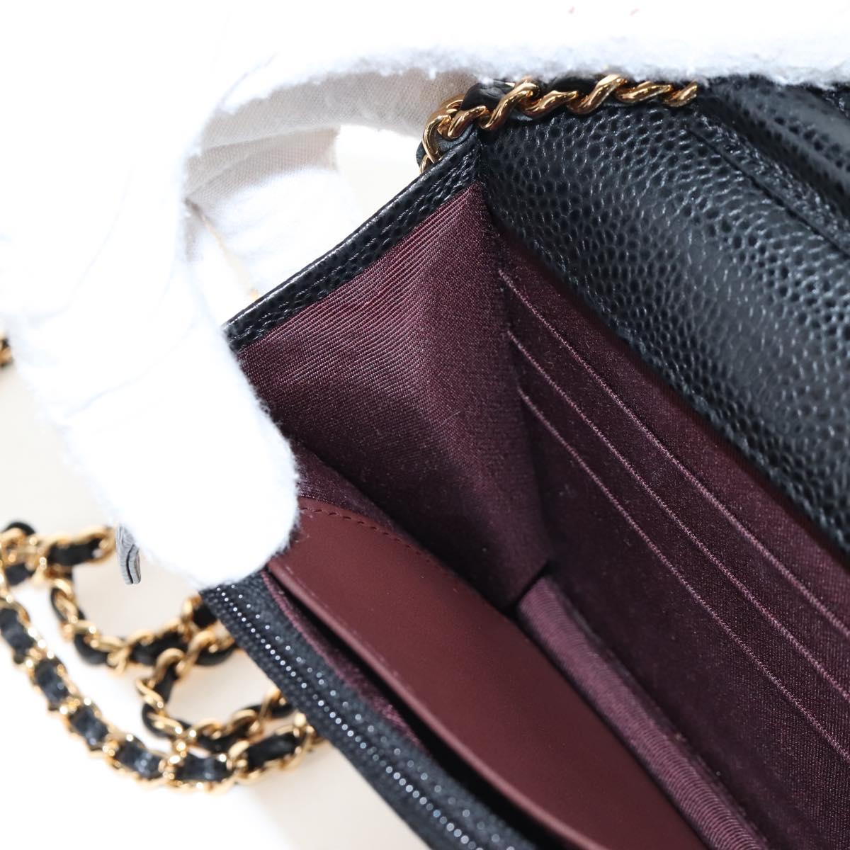 CHANEL Matelasse Chain Shoulder Wallet Caviar Skin Black Gold CC Auth 209472SAM