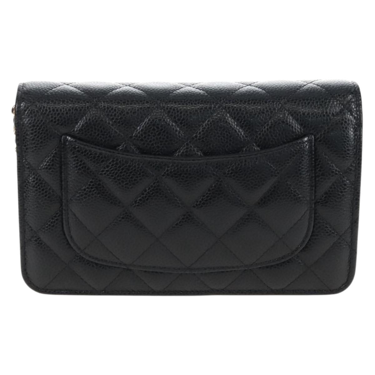 CHANEL Matelasse Chain Shoulder Wallet Caviar Skin Black Gold CC Auth 209472SAM