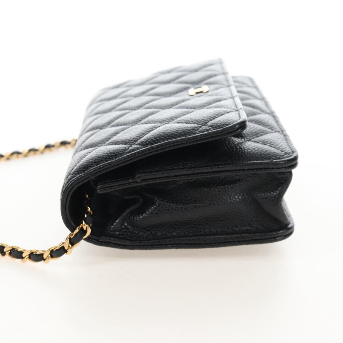 CHANEL Matelasse Chain Shoulder Wallet Caviar Skin Black Gold CC Auth 209472SAM