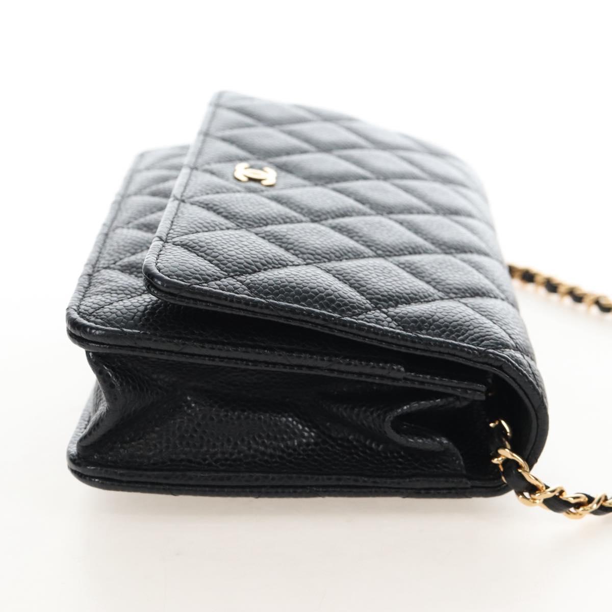 CHANEL Matelasse Chain Shoulder Wallet Caviar Skin Black Gold CC Auth 209472SAM