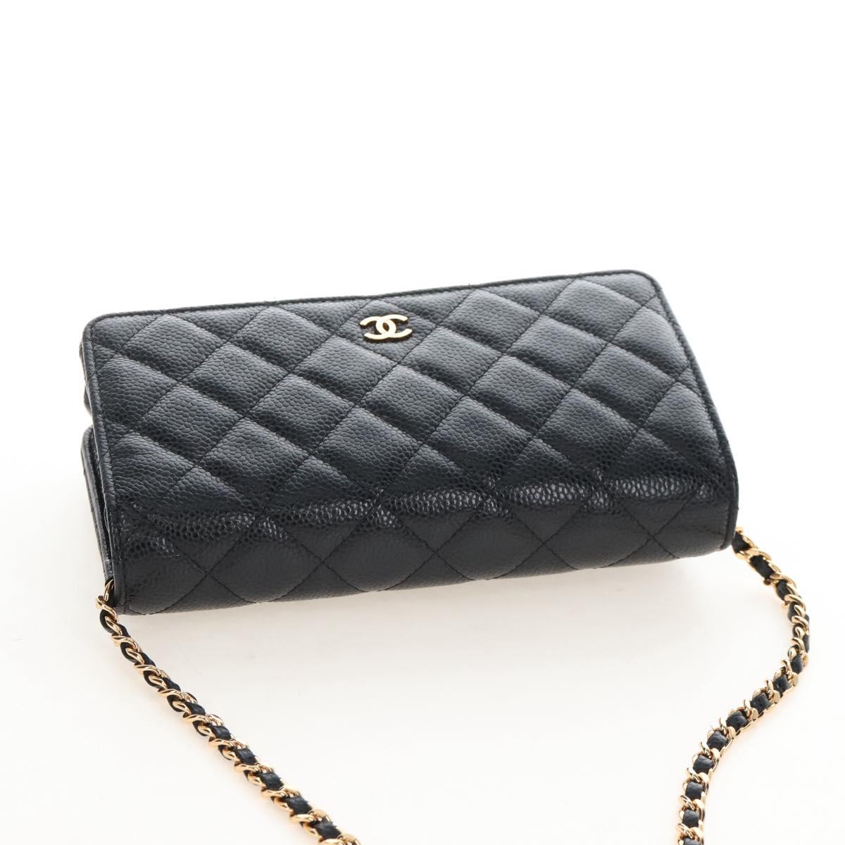 CHANEL Matelasse Chain Shoulder Wallet Caviar Skin Black Gold CC Auth 209472SAM