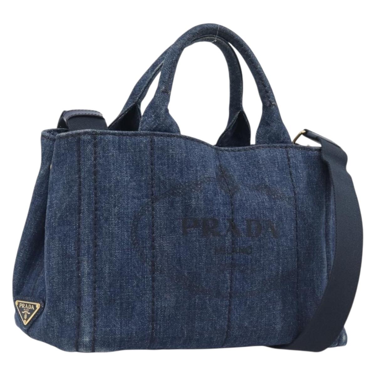 PRADA Canapa Hand Bag Denim 2way Blue Gold Auth 209488V