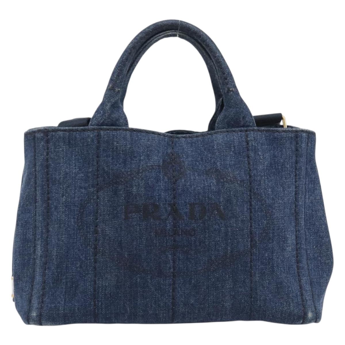 PRADA Canapa Hand Bag Denim 2way Blue Gold Auth 209488V