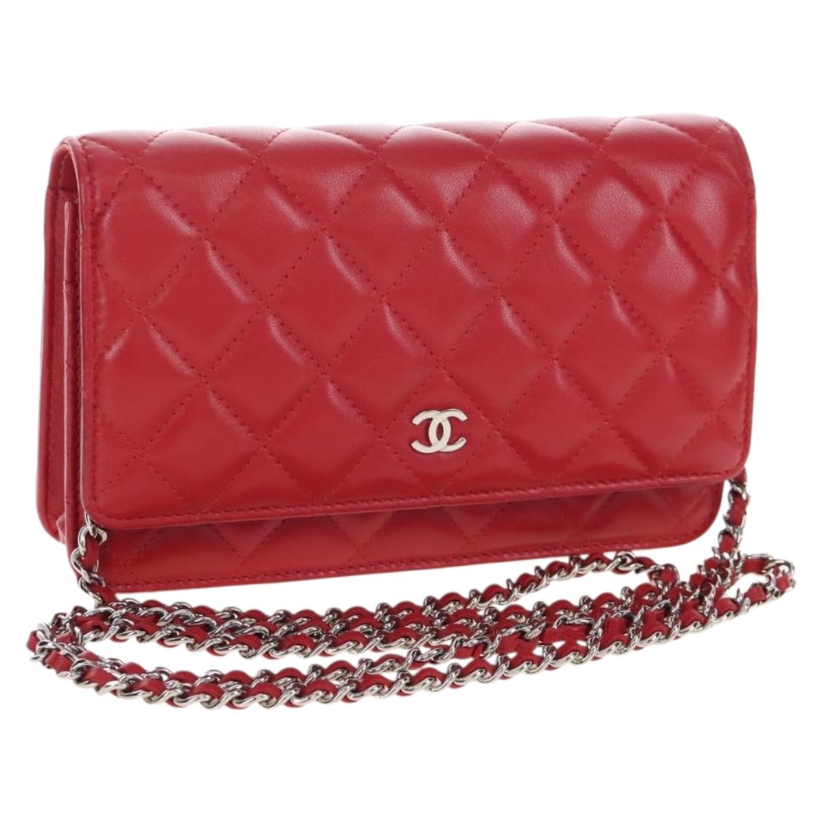 CHANEL Chain Shoulder Bag Lamb Skin Red Silver CC Auth 209493SAM