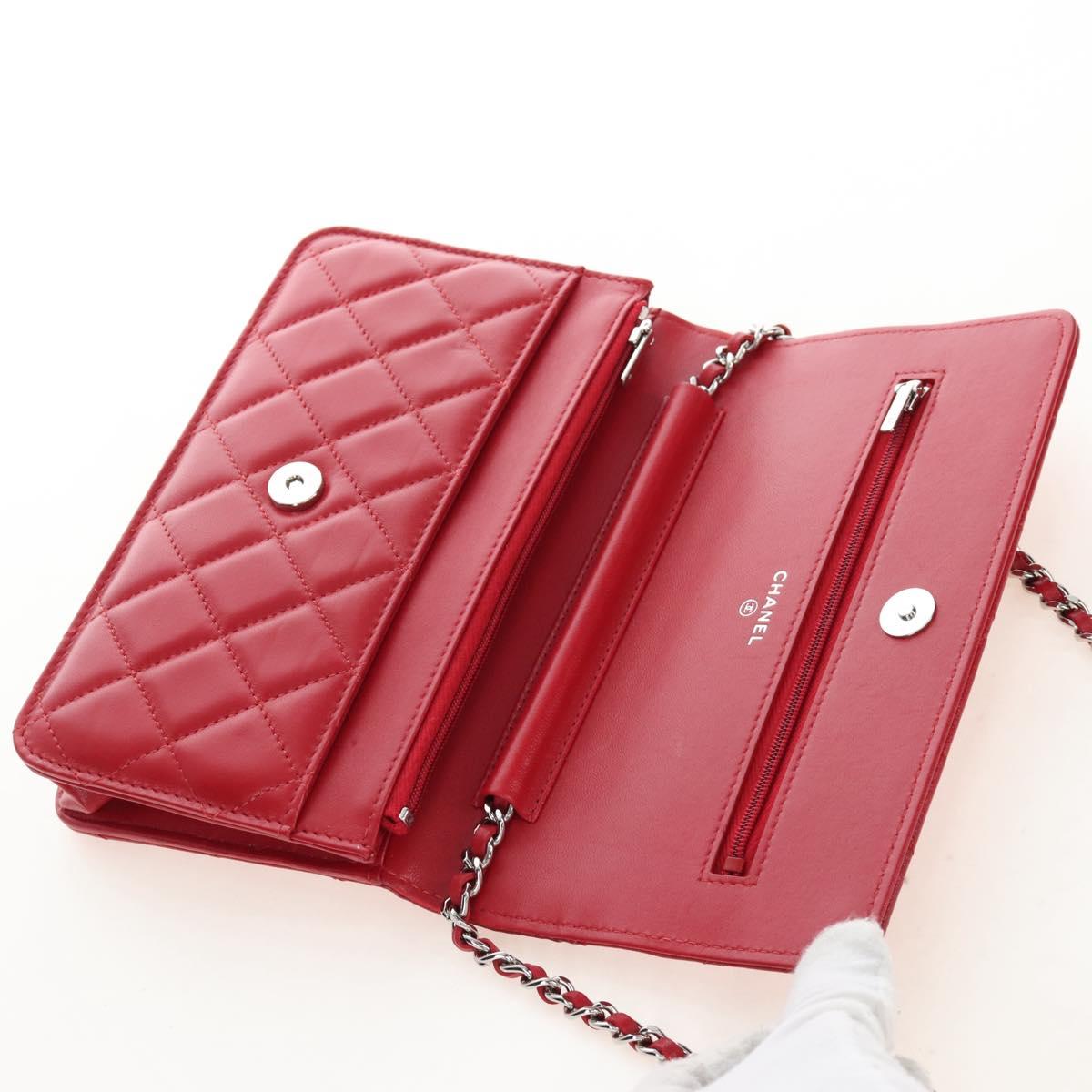 CHANEL Chain Shoulder Bag Lamb Skin Red Silver CC Auth 209493SAM
