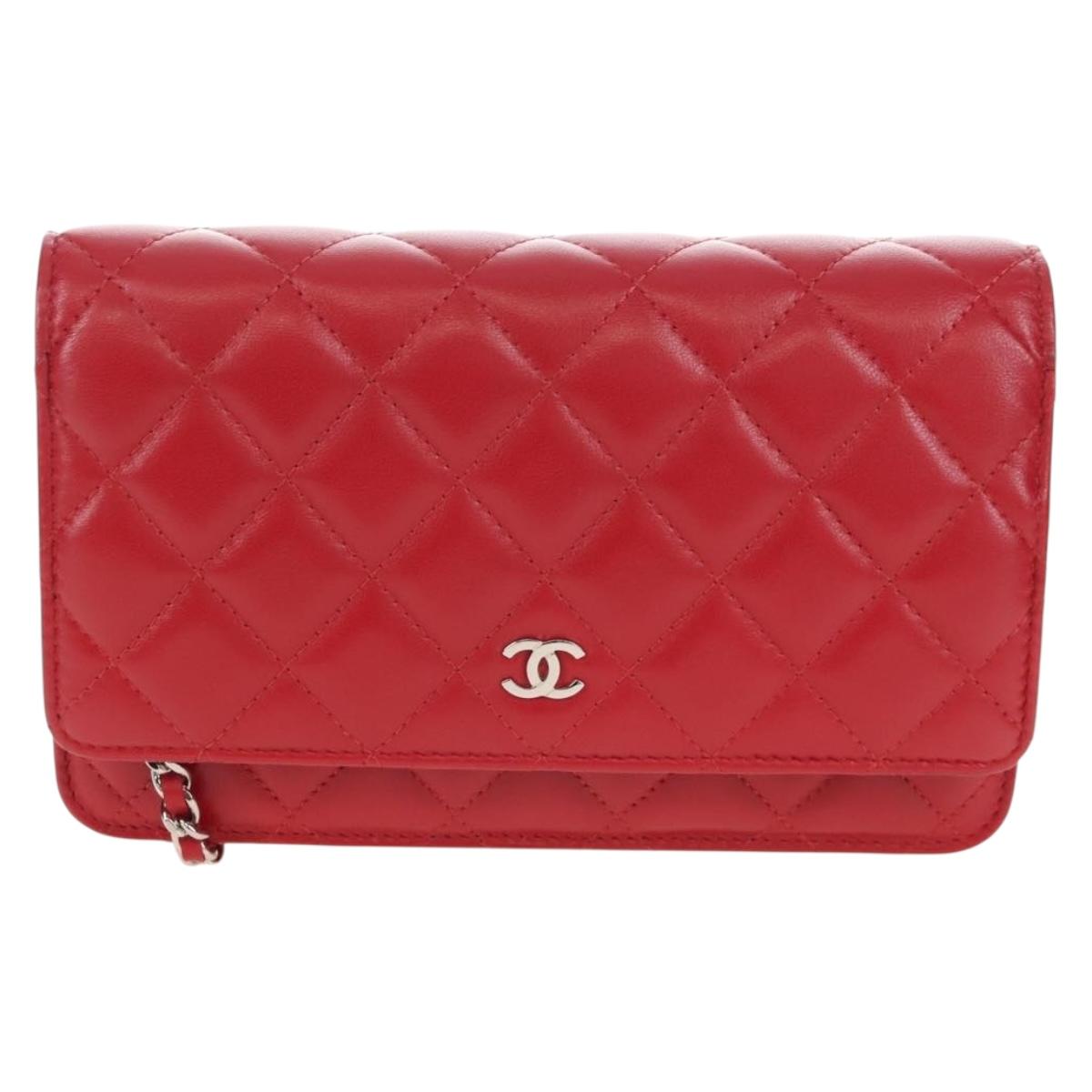 CHANEL Chain Shoulder Bag Lamb Skin Red Silver CC Auth 209493SAM