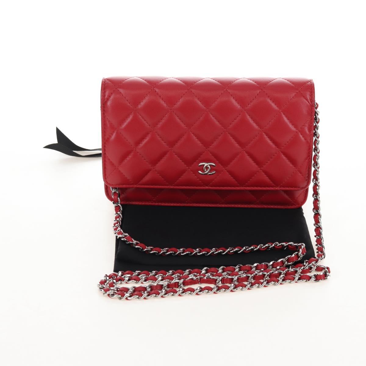 CHANEL Chain Shoulder Bag Lamb Skin Red Silver CC Auth 209493SAM