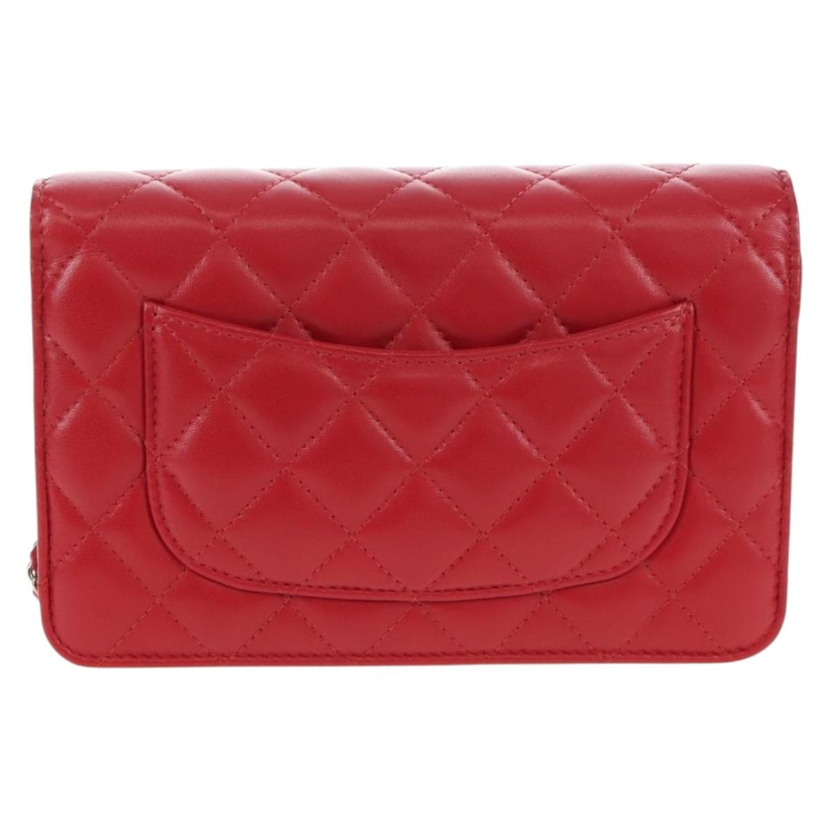 CHANEL Chain Shoulder Bag Lamb Skin Red Silver CC Auth 209493SAM