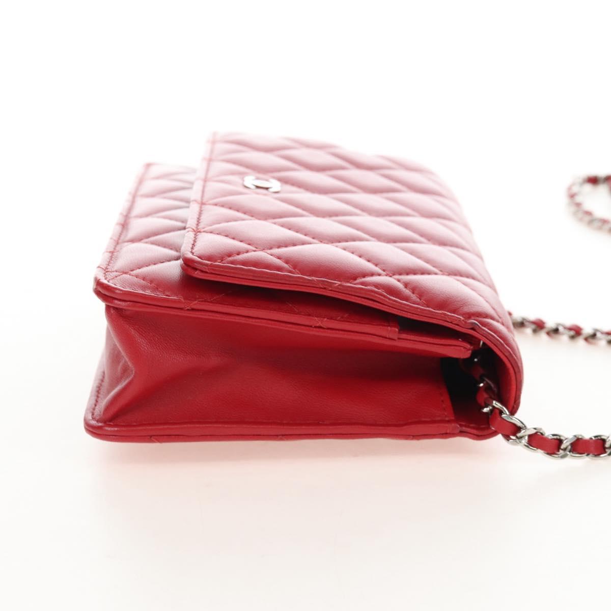 CHANEL Chain Shoulder Bag Lamb Skin Red Silver CC Auth 209493SAM