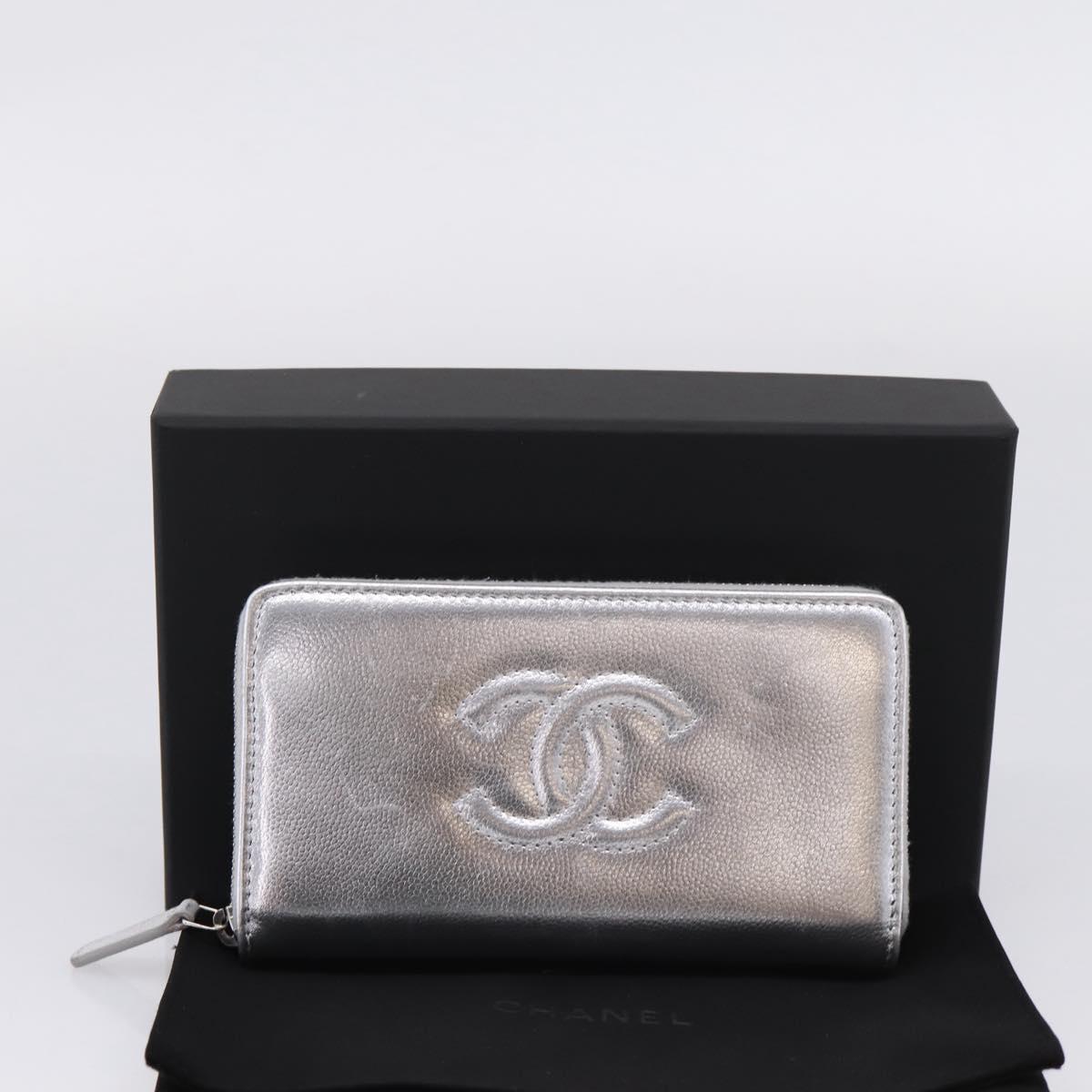 CHANEL Long Wallet Leather Silver CC Auth 209498V