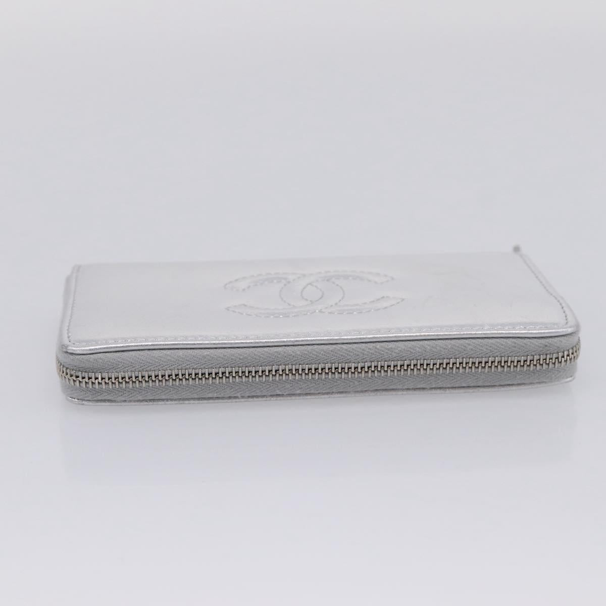 CHANEL Long Wallet Leather Silver CC Auth 209498V