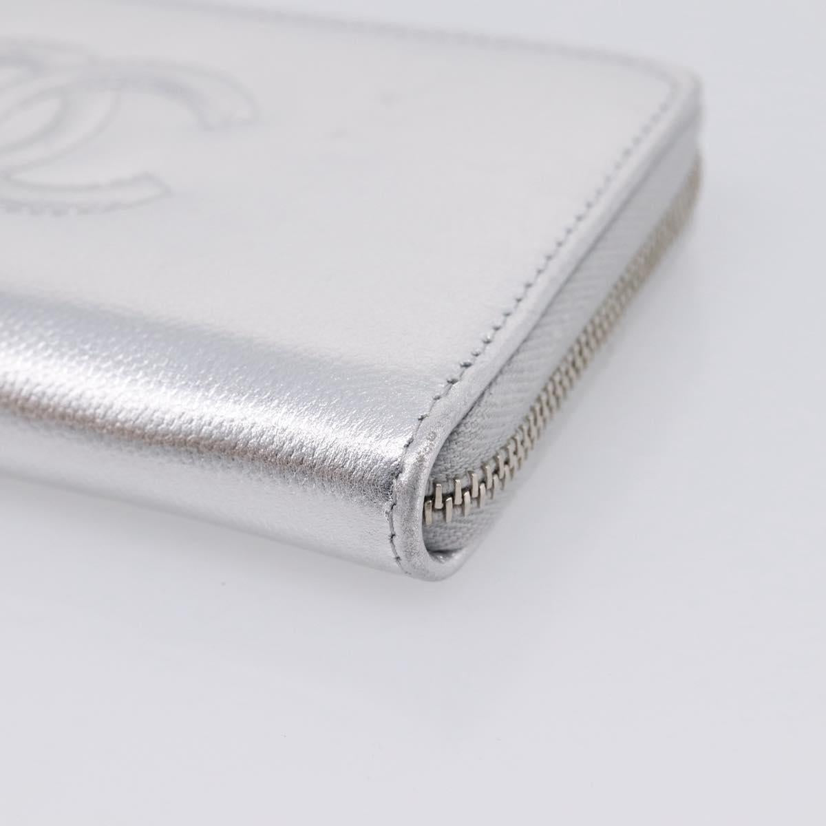 CHANEL Long Wallet Leather Silver CC Auth 209498V