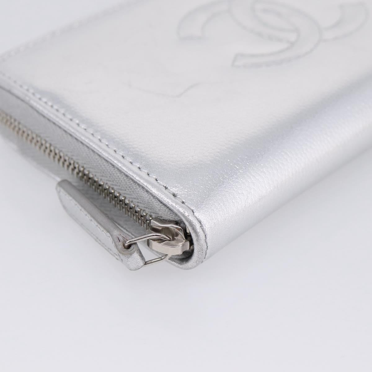 CHANEL Long Wallet Leather Silver CC Auth 209498V