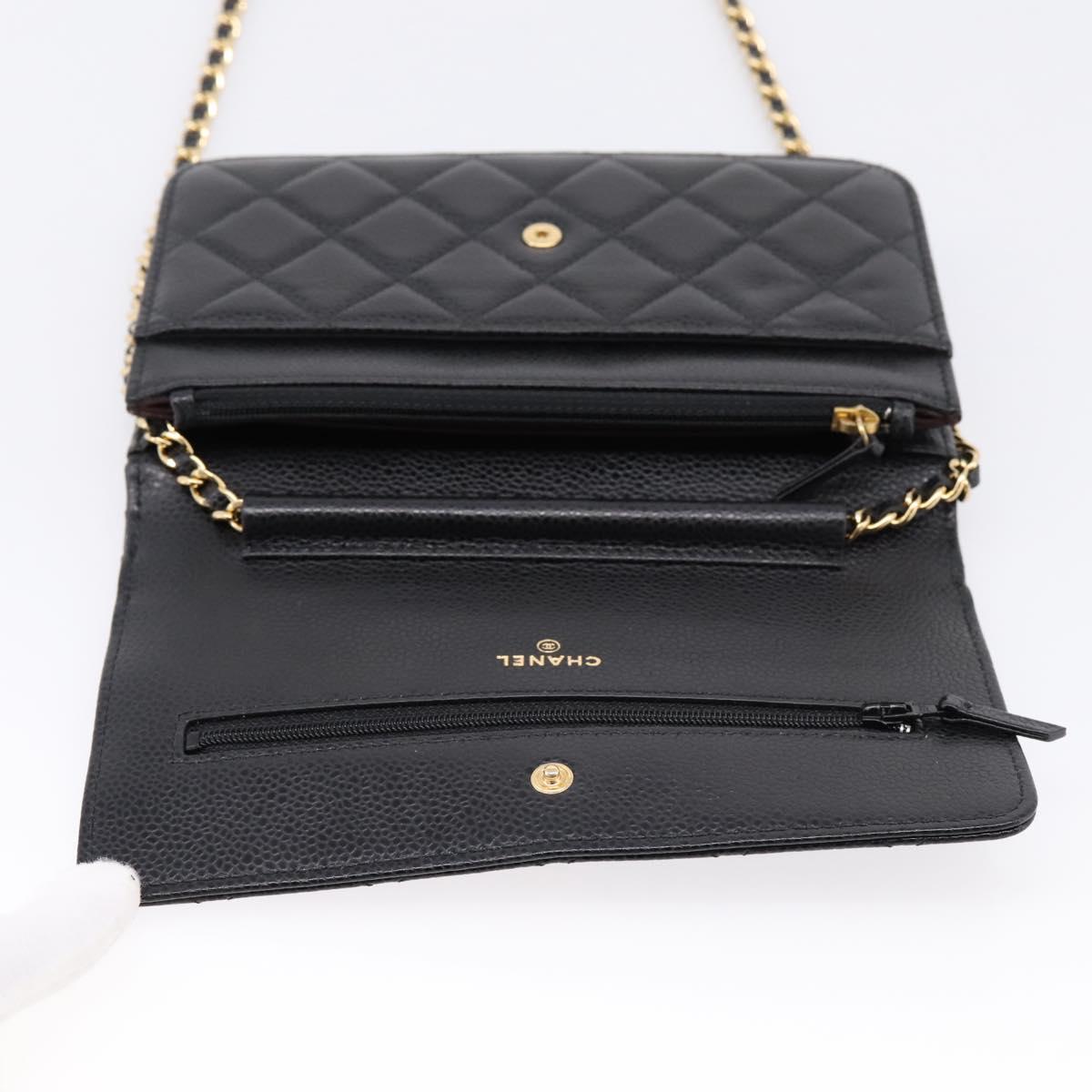CHANEL Matelasse ChainShoulder Pouch Caviar Skin Black Gold CC Auth 209506SAM