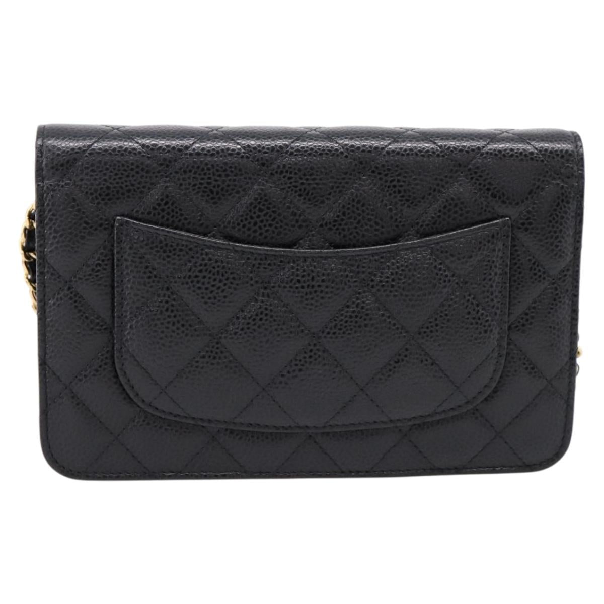 CHANEL Matelasse ChainShoulder Pouch Caviar Skin Black Gold CC Auth 209506SAM