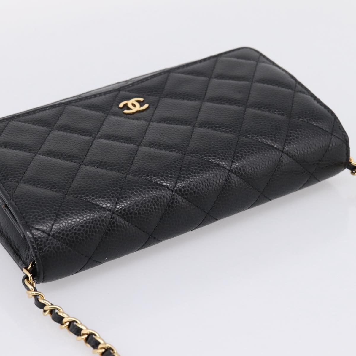 CHANEL Matelasse ChainShoulder Pouch Caviar Skin Black Gold CC Auth 209506SAM