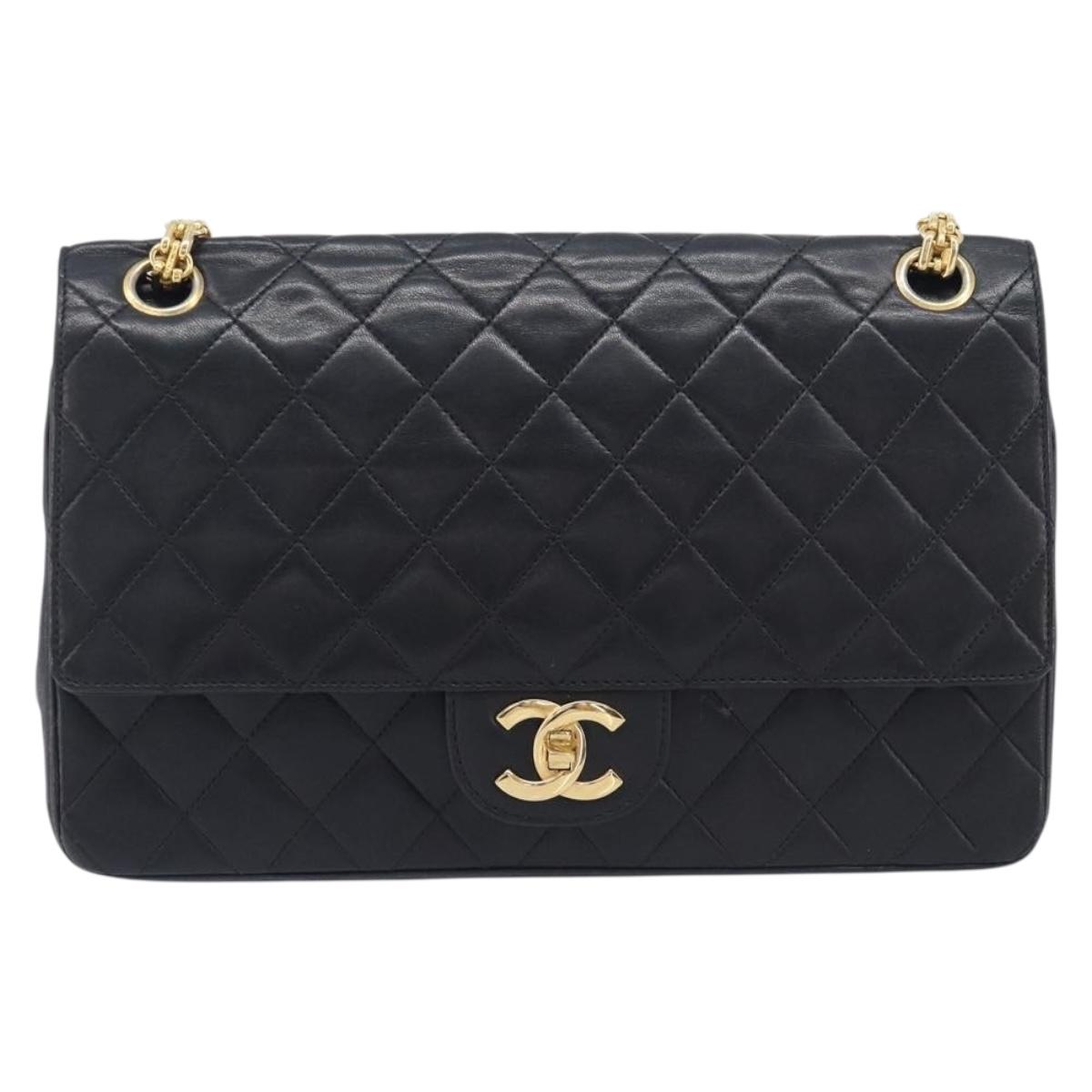 CHANEL Matelasse Chain Shoulder Bag Lamb Skin Black Gold CC Auth 209510V