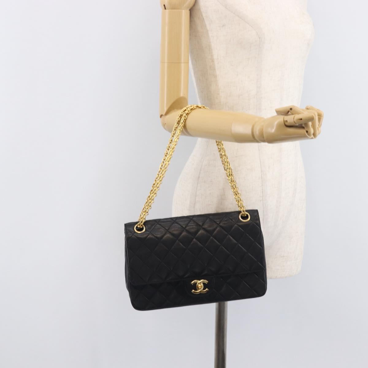 CHANEL Matelasse Chain Shoulder Bag Lamb Skin Black Gold CC Auth 209510V
