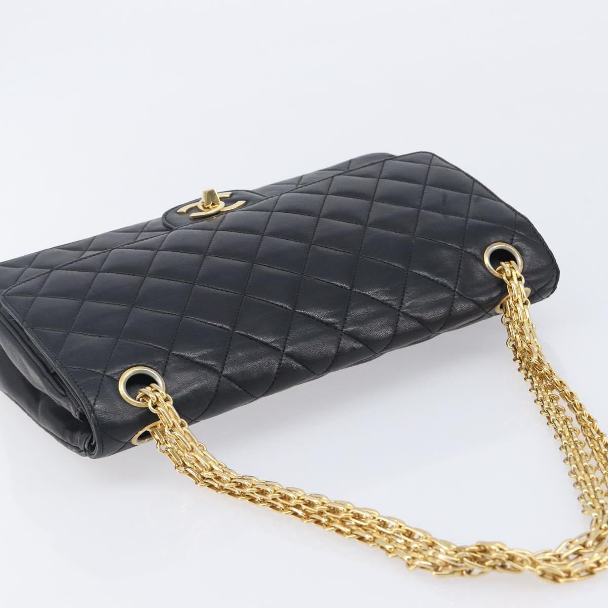 CHANEL Matelasse Chain Shoulder Bag Lamb Skin Black Gold CC Auth 209510V
