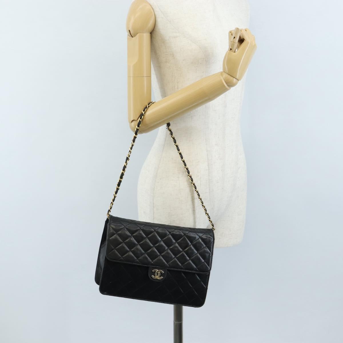 CHANEL Matelasse Chain Shoulder Bag Lamb Skin Black Gold CC Auth 209543A