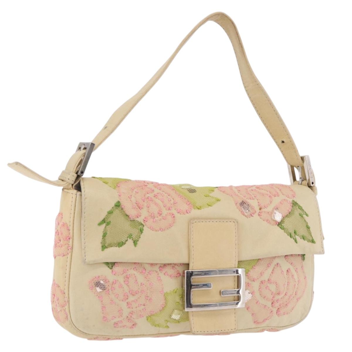 FENDI Mamma Baguette Shoulder Bag Leather Beige Silver 2624 Auth 209546SAM