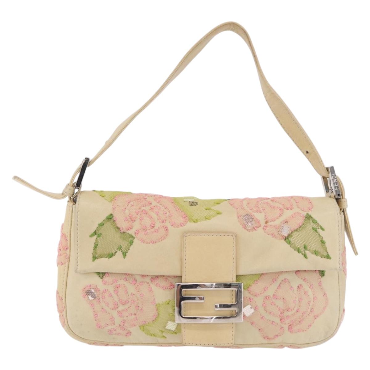 FENDI Mamma Baguette Shoulder Bag Leather Beige Silver 2624 Auth 209546SAM