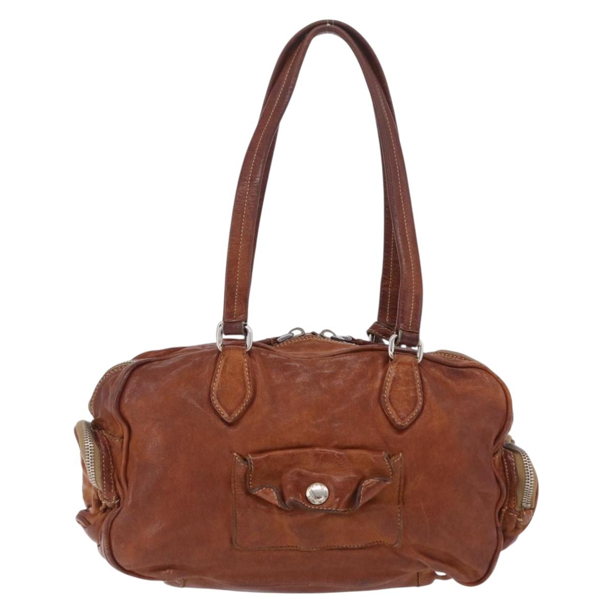 PRADA Tote Bag Leather Brown Silver Auth 209547V