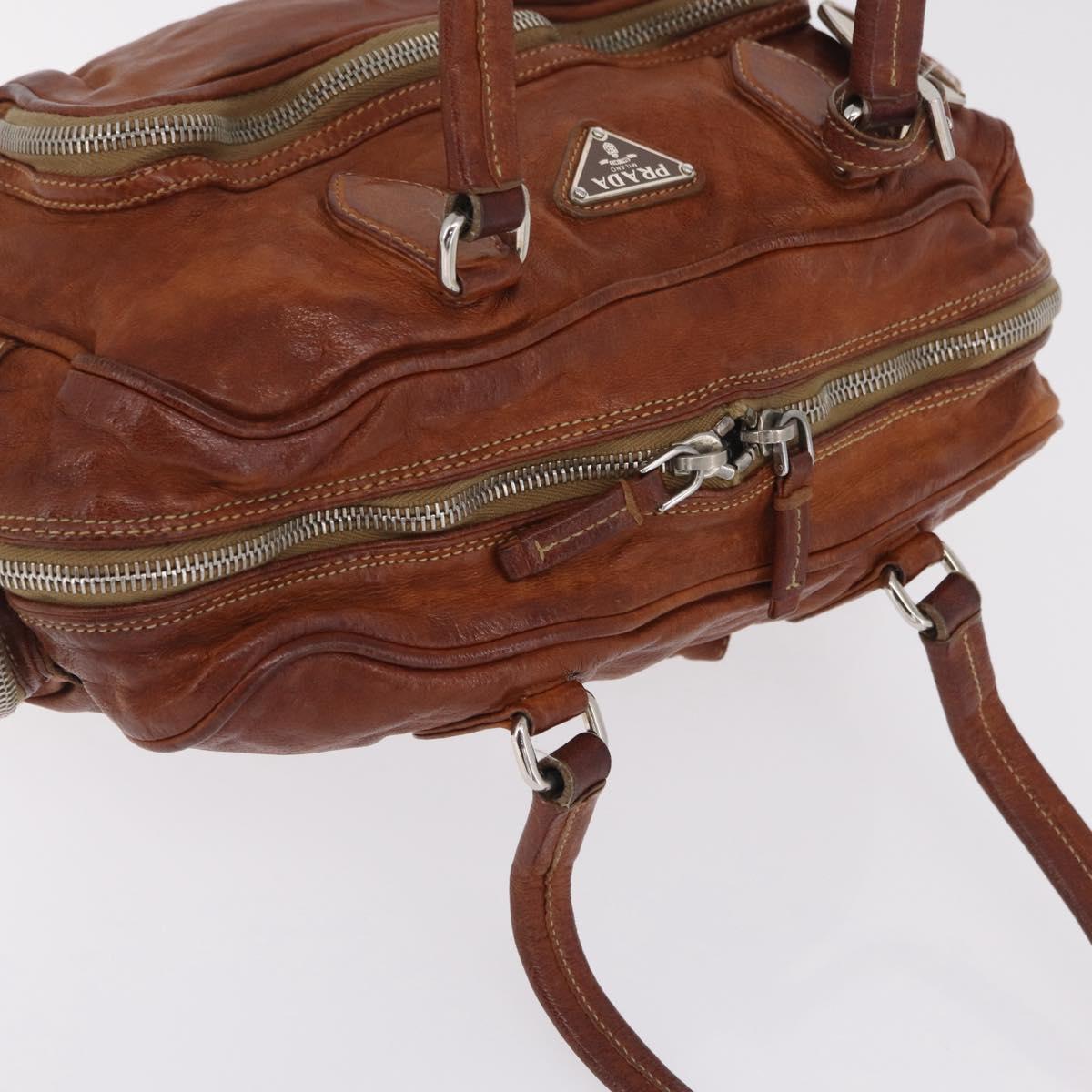 PRADA Tote Bag Leather Brown Silver Auth 209547V