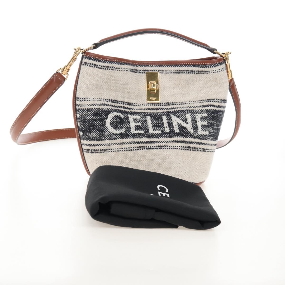 CELINE Teen Bucket 16 Shoulder Bag Canvas 2way Beige Gold Auth 209548M