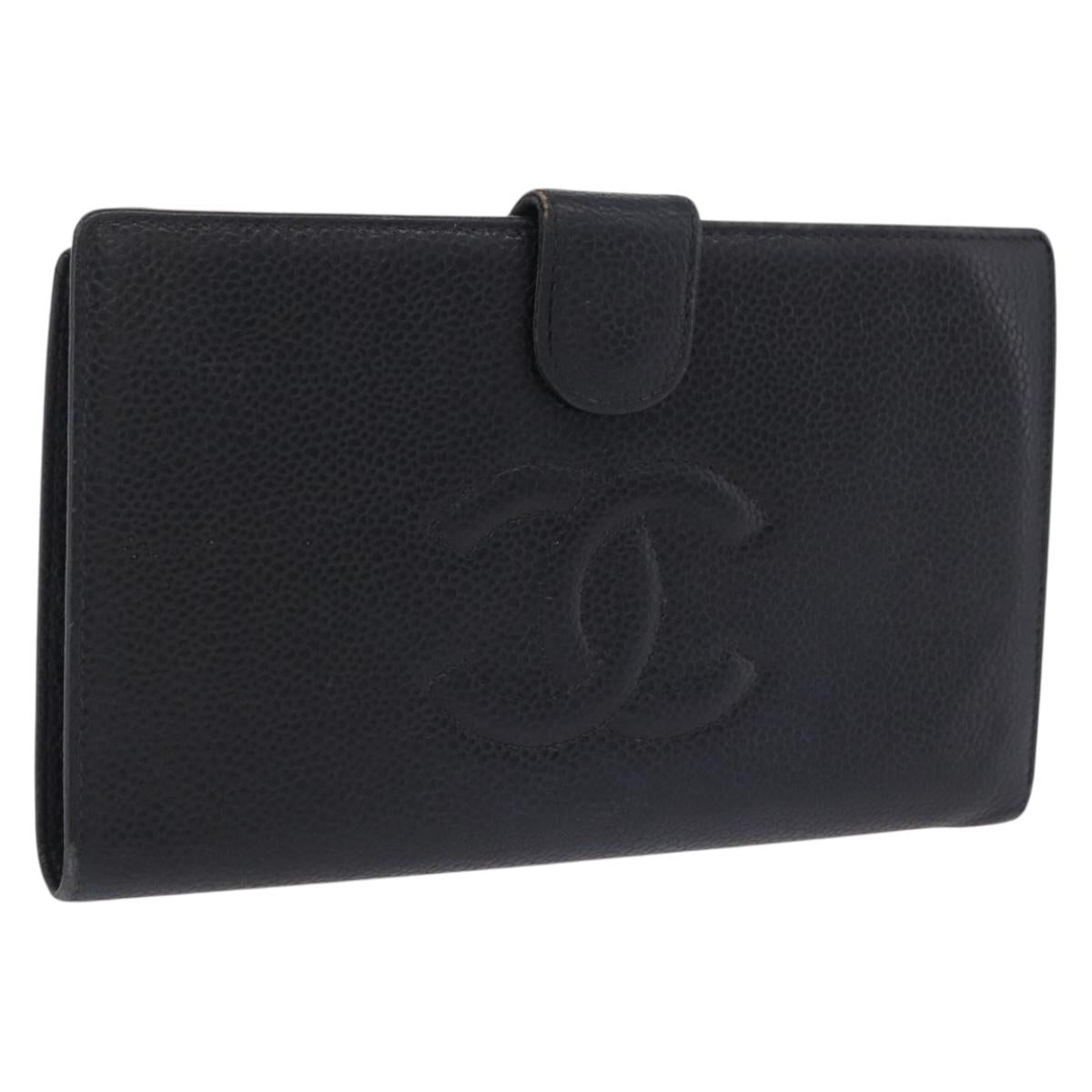 CHANEL Long Wallet Caviar Skin Black Gold Tone CC Auth 209562