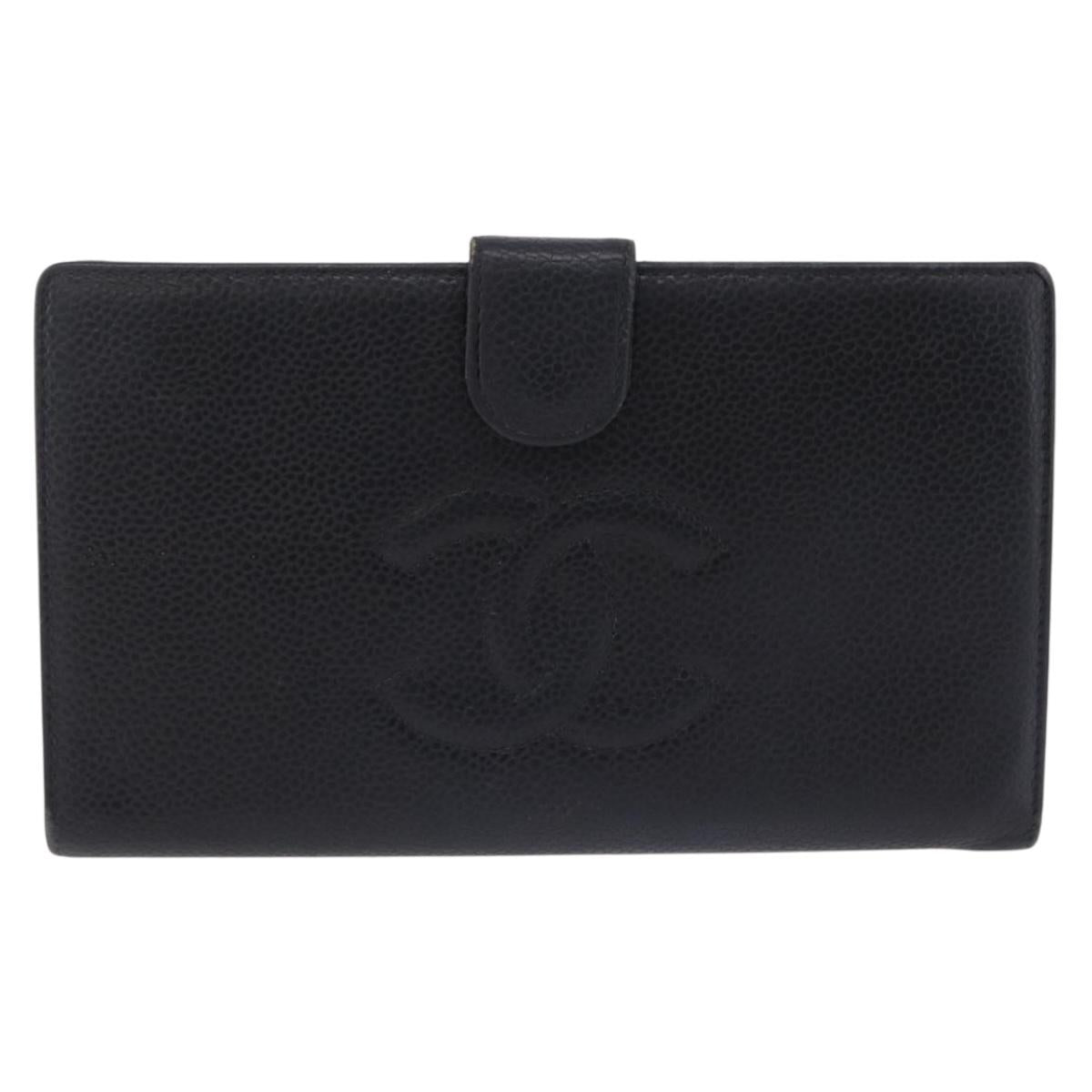 CHANEL Long Wallet Caviar Skin Black Gold Tone CC Auth 209562
