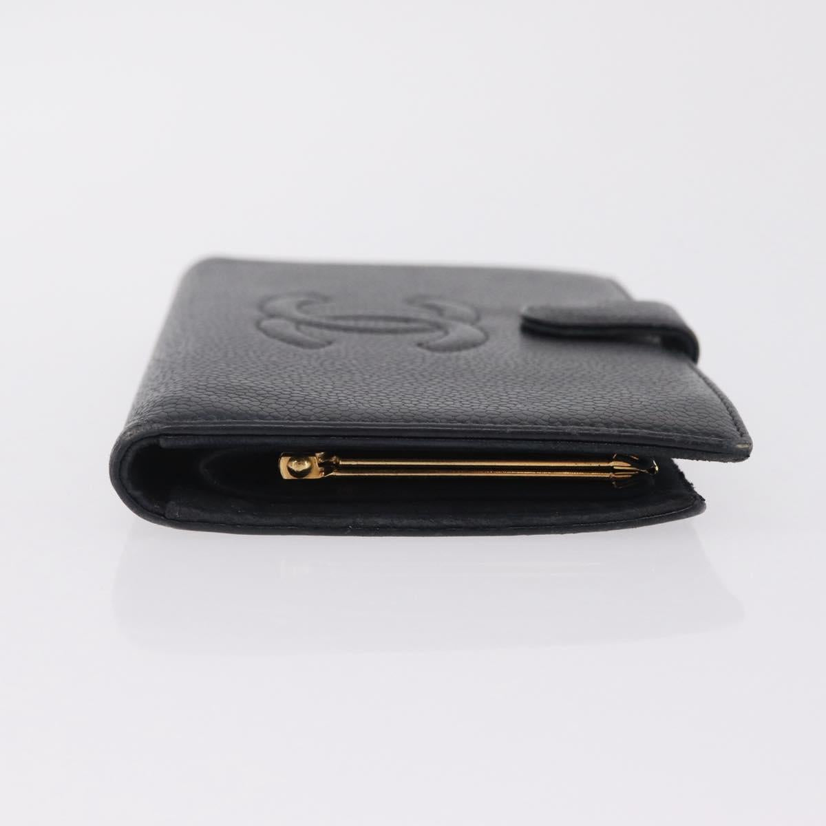 CHANEL Long Wallet Caviar Skin Black Gold Tone CC Auth 209562