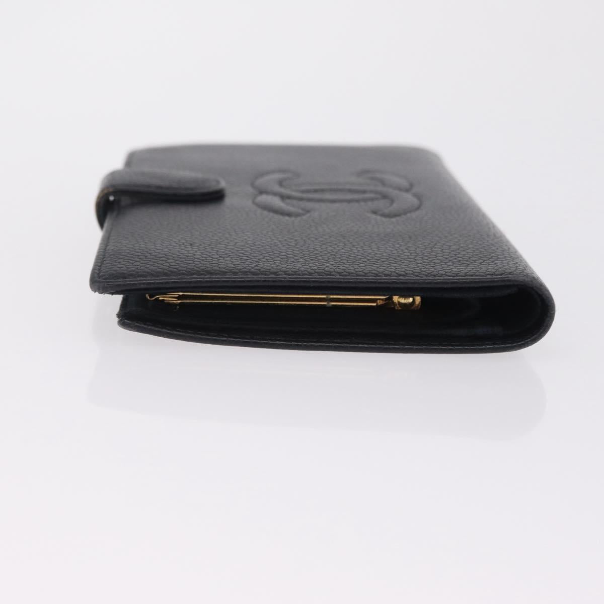 CHANEL Long Wallet Caviar Skin Black Gold Tone CC Auth 209562