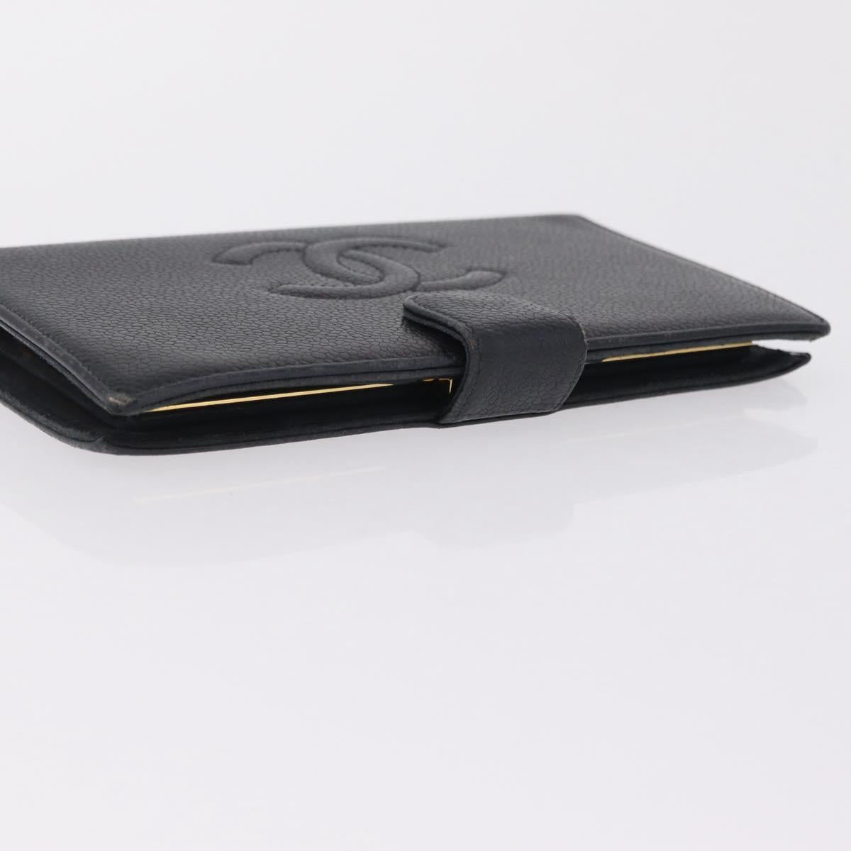 CHANEL Long Wallet Caviar Skin Black Gold Tone CC Auth 209562