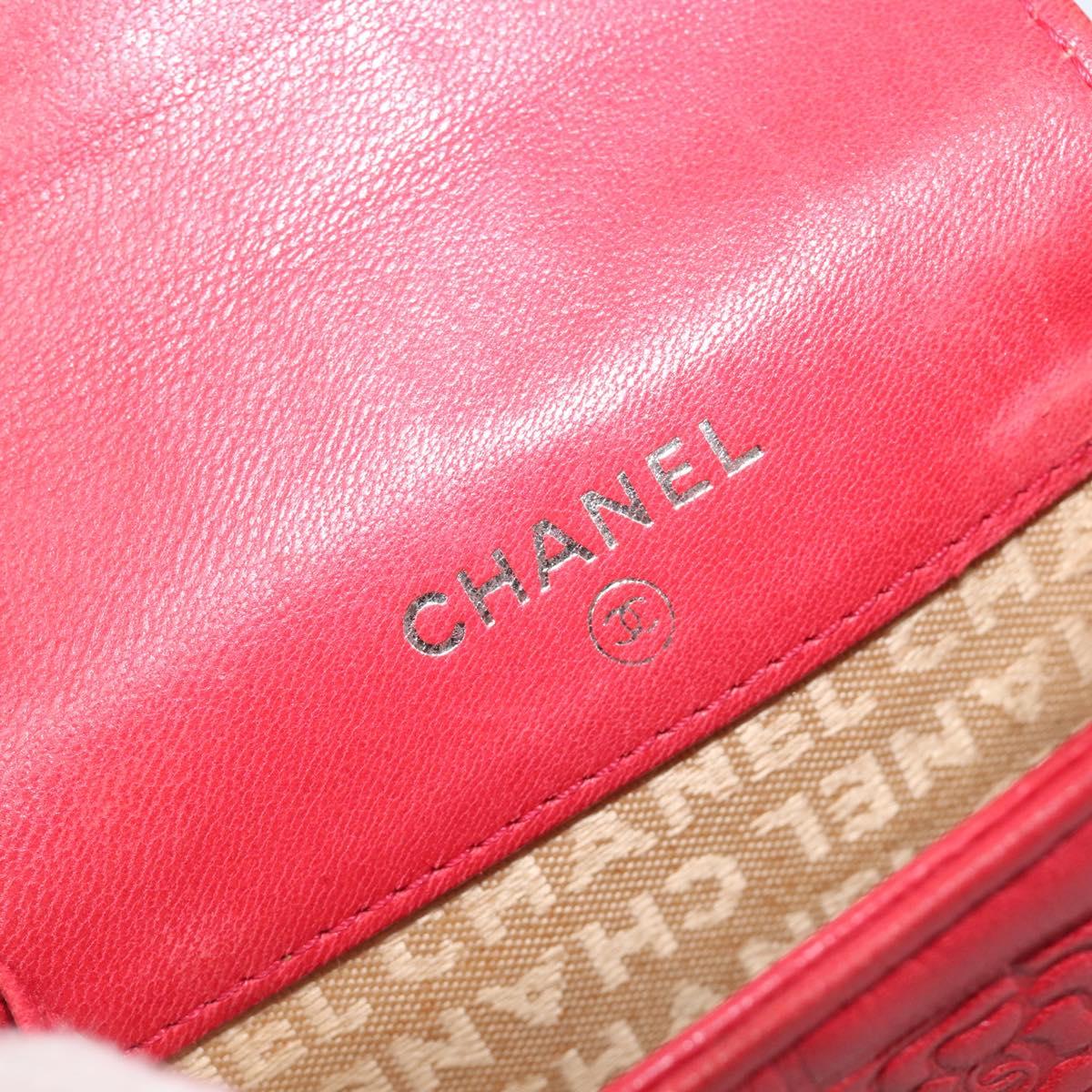 CHANEL Camelia Cigarette Case Lamb Skin Red Silver CC Auth 209563