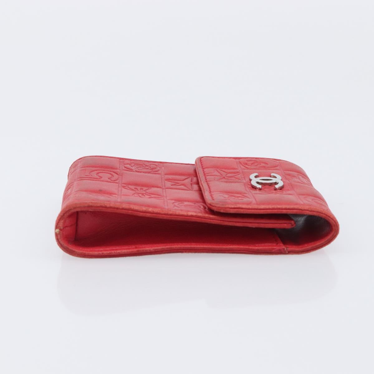 CHANEL Camelia Cigarette Case Lamb Skin Red Silver CC Auth 209563