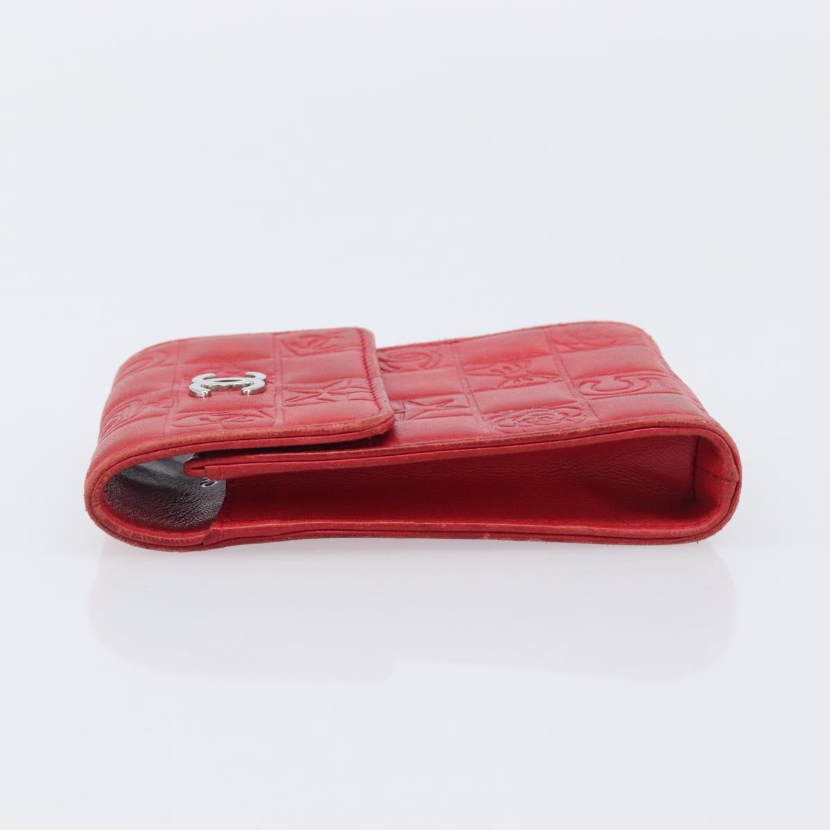 CHANEL Camelia Cigarette Case Lamb Skin Red Silver CC Auth 209563