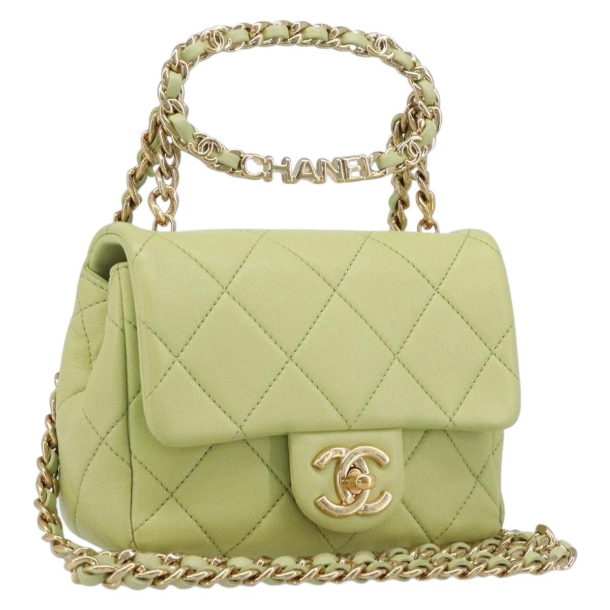 CHANEL Matelasse Chain Shoulder Bag Lamb Skin 2way Green Gold CC Auth 209576SM